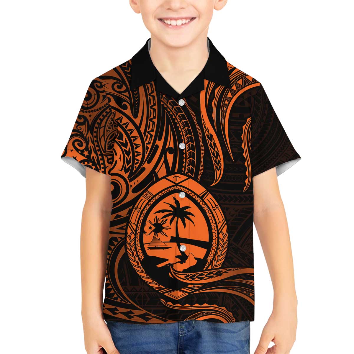 Polynesian Guam Coat of Arms Family Matching Off The Shoulder Long Sleeve Dress and Hawaiian Shirt Polynesian Tribal Tattoo Orange Version
