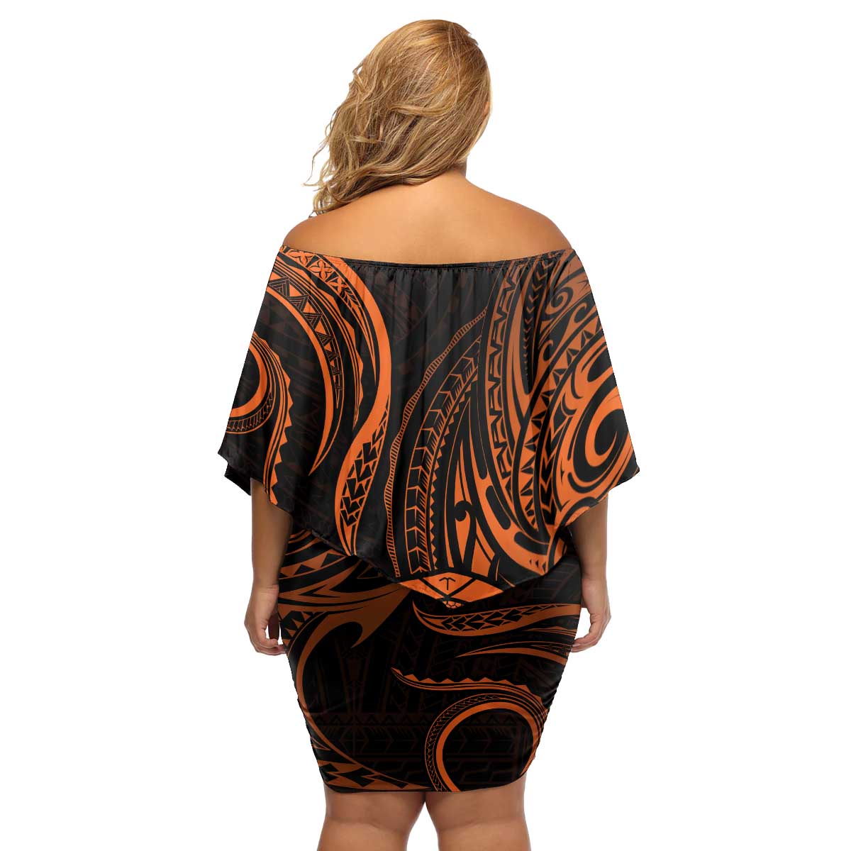 Polynesian Guam Coat of Arms Family Matching Off Shoulder Short Dress and Hawaiian Shirt Polynesian Tribal Tattoo Orange Version