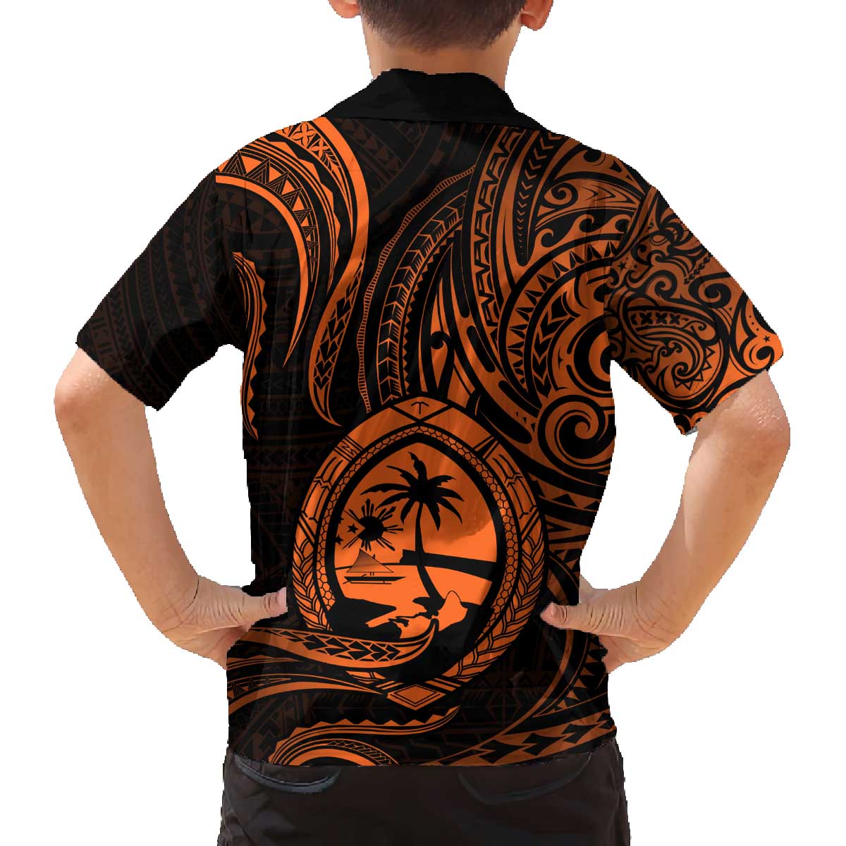 Polynesian Guam Coat of Arms Family Matching Puletasi and Hawaiian Shirt Polynesian Tribal Tattoo Orange Version LT9 - Polynesian Pride