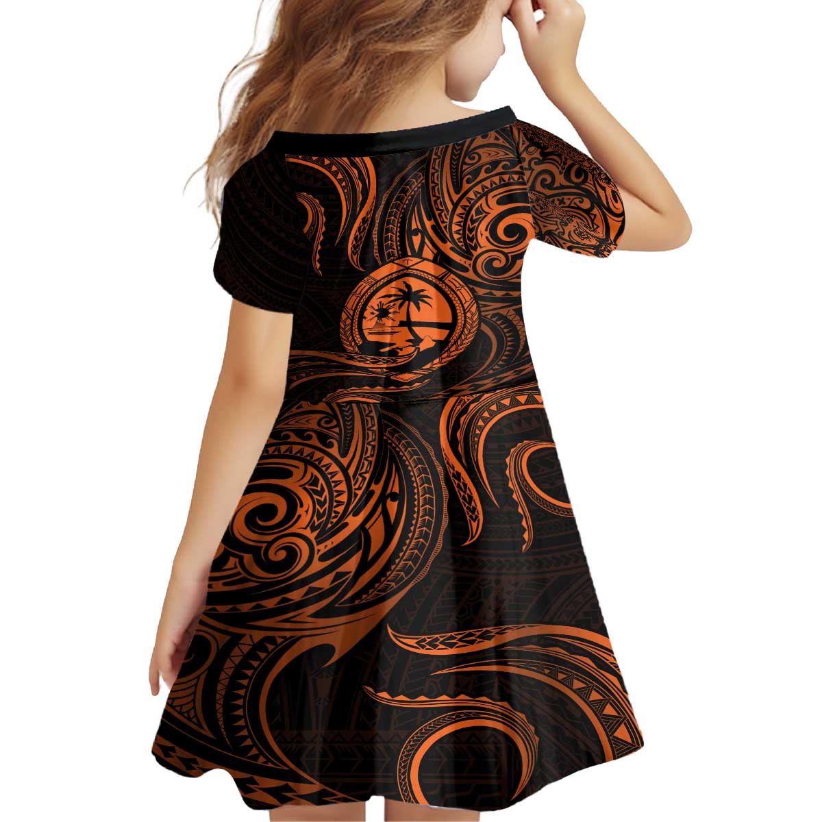 Polynesian Guam Coat of Arms Family Matching Puletasi and Hawaiian Shirt Polynesian Tribal Tattoo Orange Version LT9 - Polynesian Pride