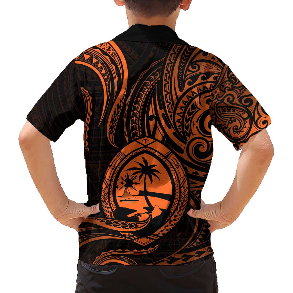 Polynesian Guam Coat of Arms Family Matching Short Sleeve Bodycon Dress and Hawaiian Shirt Polynesian Tribal Tattoo Orange Version LT9 - Polynesian Pride