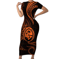 Polynesian Guam Coat of Arms Family Matching Short Sleeve Bodycon Dress and Hawaiian Shirt Polynesian Tribal Tattoo Orange Version LT9 Mom's Dress Orange - Polynesian Pride