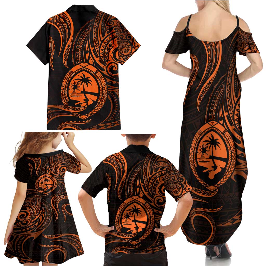 Polynesian Guam Coat of Arms Family Matching Summer Maxi Dress and Hawaiian Shirt Polynesian Tribal Tattoo Orange Version LT9 - Polynesian Pride
