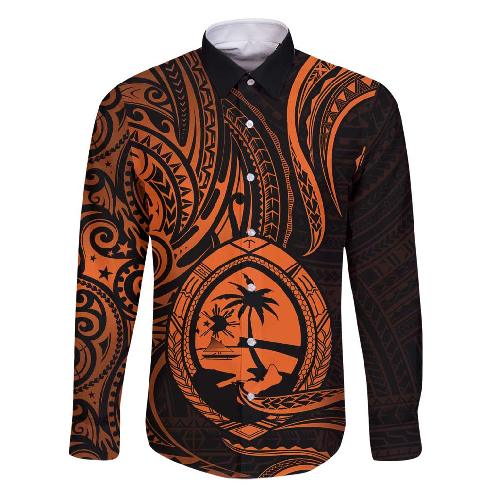 Polynesian Guam Coat of Arms Family Matching Summer Maxi Dress and Hawaiian Shirt Polynesian Tribal Tattoo Orange Version LT9 Dad's Shirt - Long Sleeve Orange - Polynesian Pride