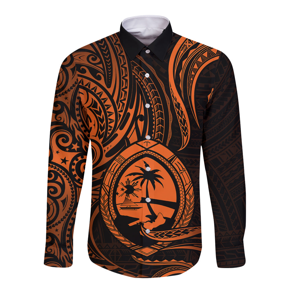 Polynesian Pride Guam Long Sleeve Button Shirt With Polynesian Tribal Tattoo and Coat of Arms Orange Version LT9 Unisex Orange - Polynesian Pride