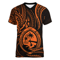 Polynesian Pride Guam Women V Neck T Shirt With Polynesian Tribal Tattoo and Coat of Arms Orange Version LT9 - Polynesian Pride