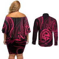Polynesian Guam Coat of Arms Couples Matching Off Shoulder Short Dress and Long Sleeve Button Shirt Polynesian Tribal Tattoo Pink Version
