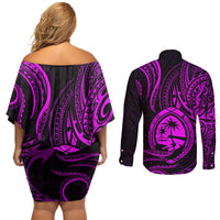 Polynesian Guam Coat of Arms Couples Matching Off Shoulder Short Dress and Long Sleeve Button Shirt Polynesian Tribal Tattoo Purple Version