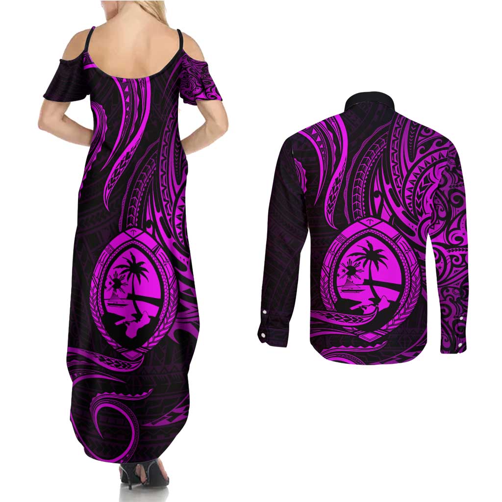 Polynesian Guam Coat of Arms Couples Matching Summer Maxi Dress and Long Sleeve Button Shirt Polynesian Tribal Tattoo Purple Version