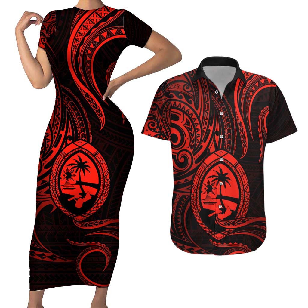 Polynesian Guam Coat of Arms Couples Matching Short Sleeve Bodycon Dress and Hawaiian Shirt Polynesian Tribal Tattoo Red Version