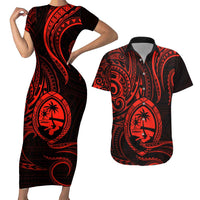 Polynesian Guam Coat of Arms Couples Matching Short Sleeve Bodycon Dress and Hawaiian Shirt Polynesian Tribal Tattoo Red Version LT9 Red - Polynesian Pride