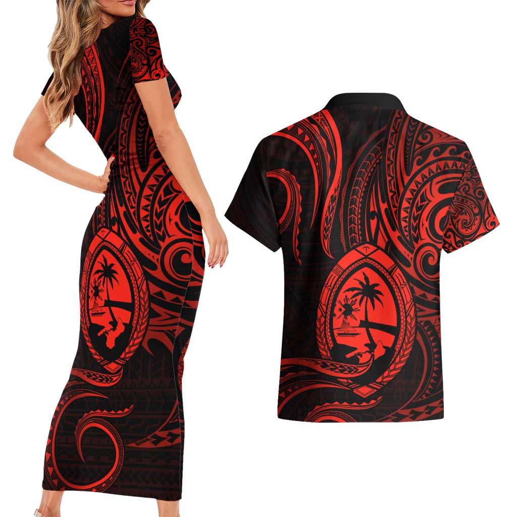 Polynesian Guam Coat of Arms Couples Matching Short Sleeve Bodycon Dress and Hawaiian Shirt Polynesian Tribal Tattoo Red Version LT9 - Polynesian Pride