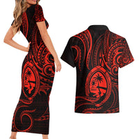 Polynesian Guam Coat of Arms Couples Matching Short Sleeve Bodycon Dress and Hawaiian Shirt Polynesian Tribal Tattoo Red Version LT9 - Polynesian Pride