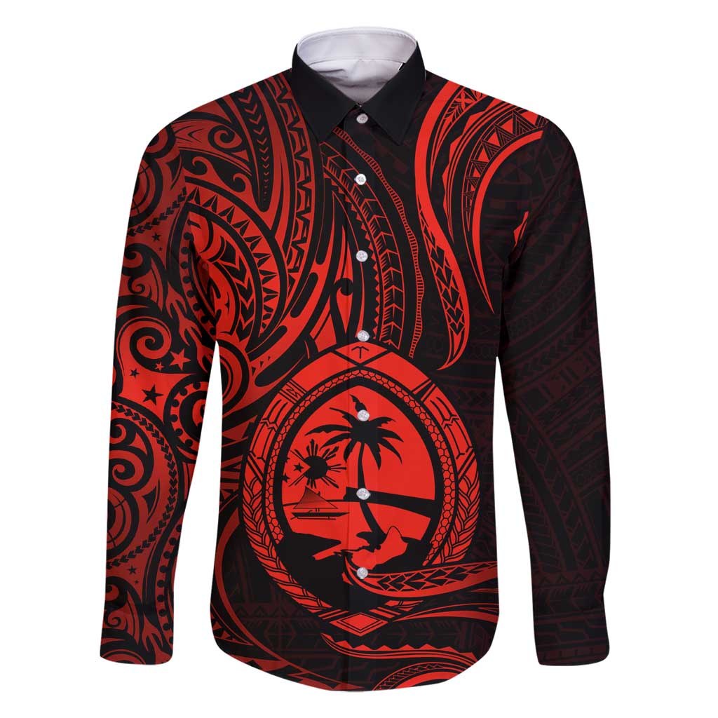 Polynesian Guam Coat of Arms Family Matching Long Sleeve Bodycon Dress and Hawaiian Shirt Polynesian Tribal Tattoo Red Version LT9 Dad's Shirt - Long Sleeve Red - Polynesian Pride