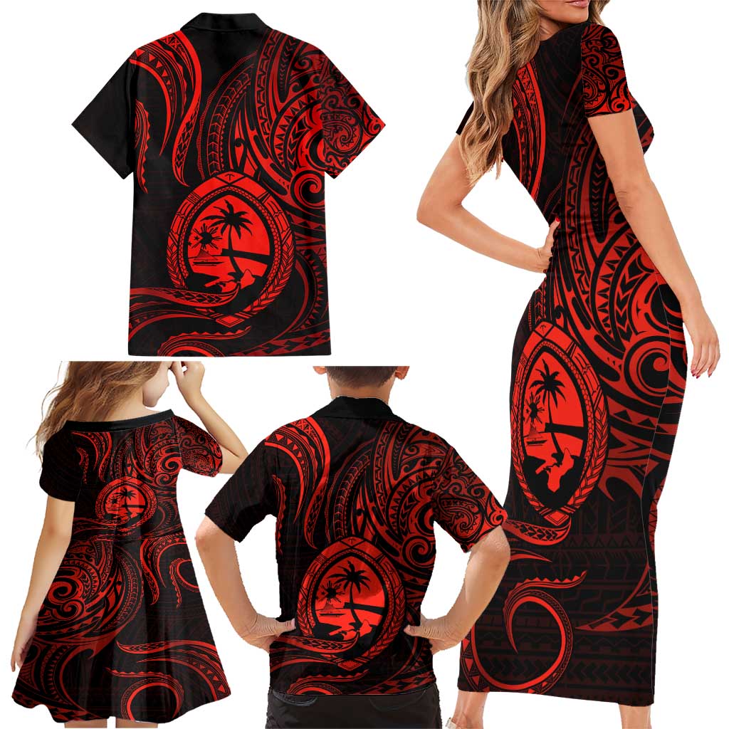 Polynesian Guam Coat of Arms Family Matching Short Sleeve Bodycon Dress and Hawaiian Shirt Polynesian Tribal Tattoo Red Version LT9 - Polynesian Pride