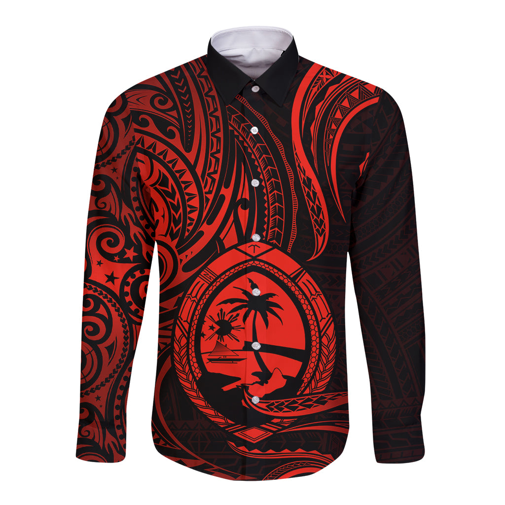 Polynesian Pride Guam Long Sleeve Button Shirt With Polynesian Tribal Tattoo and Coat of Arms Red Version LT9 Unisex Red - Polynesian Pride