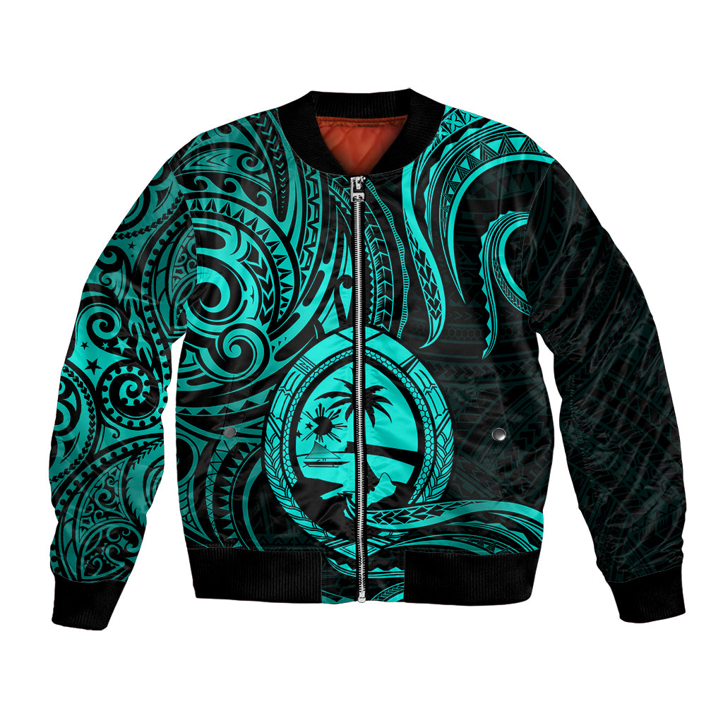 Polynesian Pride Guam Bomber Jacket With Polynesian Tribal Tattoo and Coat of Arms Turquoise Version LT9 Unisex turquoise - Polynesian Pride