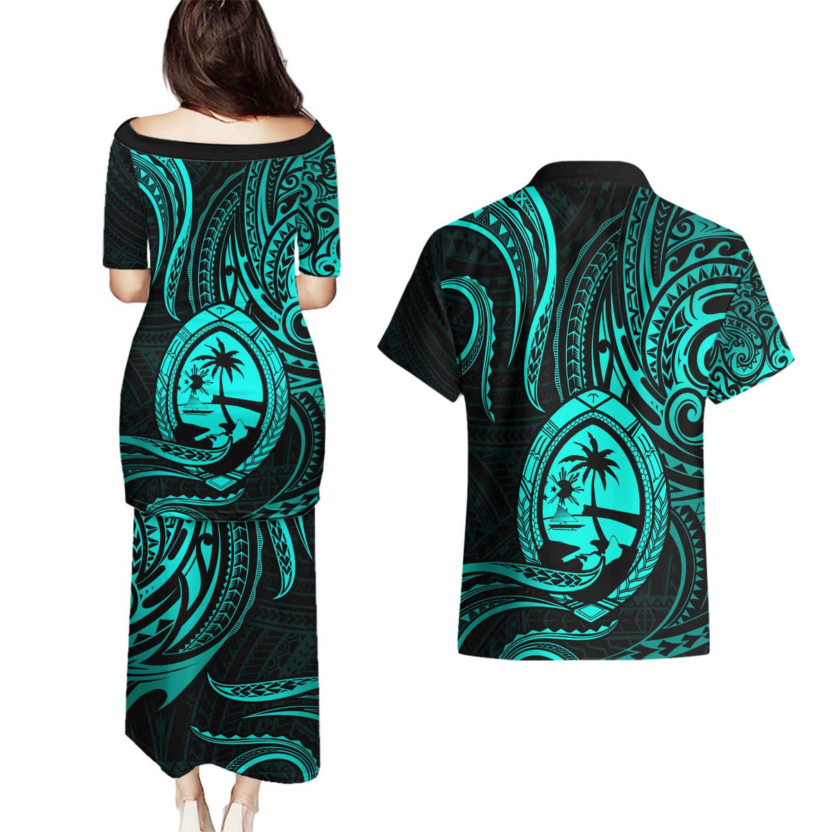 Polynesian Guam Coat of Arms Couples Matching Puletasi and Hawaiian Shirt Polynesian Tribal Tattoo Turquoise Version LT9 - Polynesian Pride