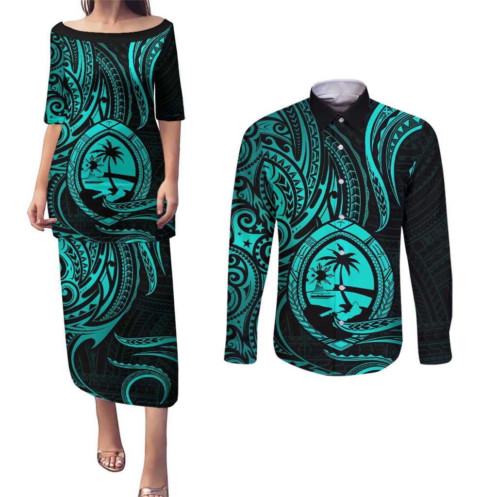 Polynesian Guam Coat of Arms Couples Matching Puletasi and Long Sleeve Button Shirt Polynesian Tribal Tattoo Turquoise Version LT9 Turquoise - Polynesian Pride