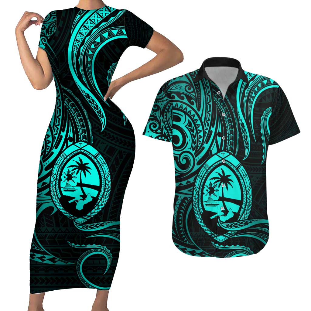 Polynesian Guam Coat of Arms Couples Matching Short Sleeve Bodycon Dress and Hawaiian Shirt Polynesian Tribal Tattoo Turquoise Version