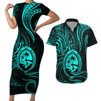 Polynesian Guam Coat of Arms Couples Matching Short Sleeve Bodycon Dress and Hawaiian Shirt Polynesian Tribal Tattoo Turquoise Version LT9 Turquoise - Polynesian Pride