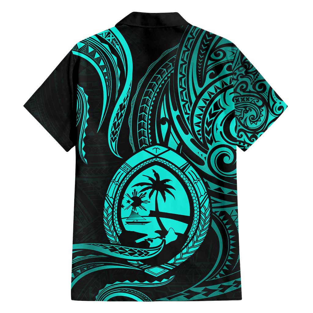 Polynesian Guam Coat of Arms Family Matching Long Sleeve Bodycon Dress and Hawaiian Shirt Polynesian Tribal Tattoo Turquoise Version LT9 - Polynesian Pride