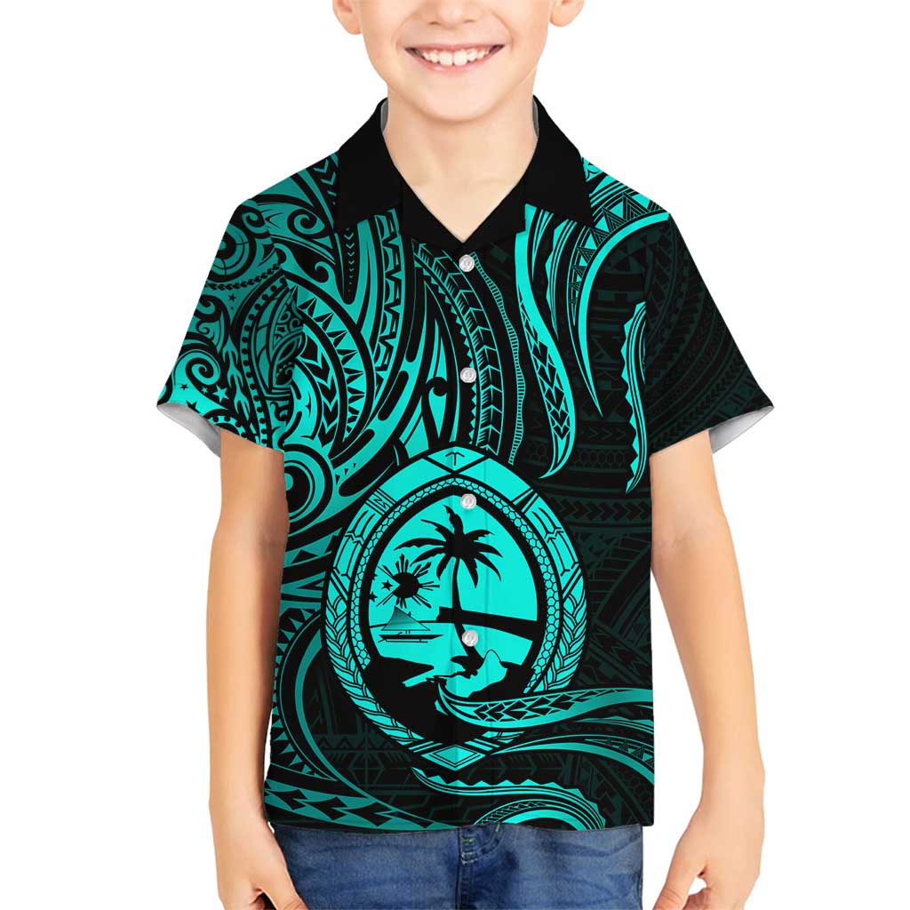 Polynesian Guam Coat of Arms Family Matching Long Sleeve Bodycon Dress and Hawaiian Shirt Polynesian Tribal Tattoo Turquoise Version LT9 Son's Shirt Turquoise - Polynesian Pride