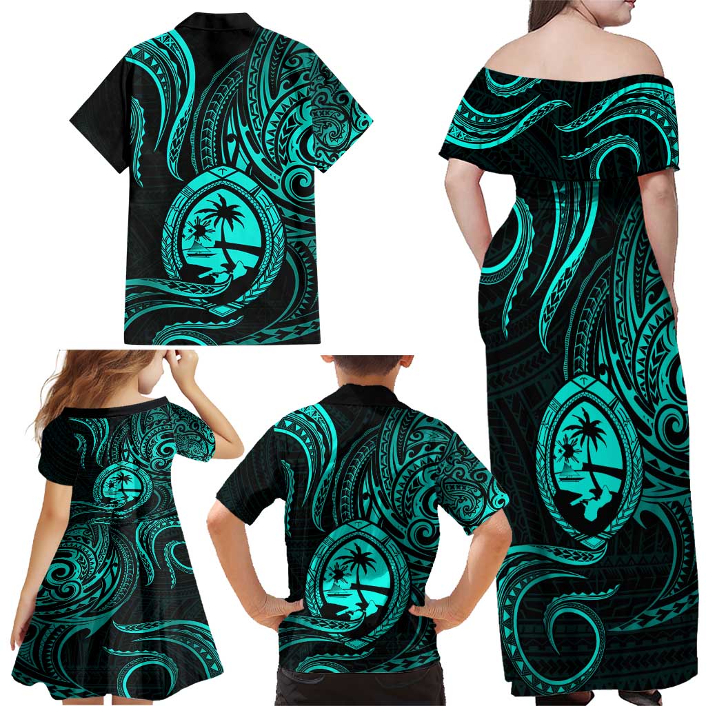 Polynesian Guam Coat of Arms Family Matching Off Shoulder Maxi Dress and Hawaiian Shirt Polynesian Tribal Tattoo Turquoise Version