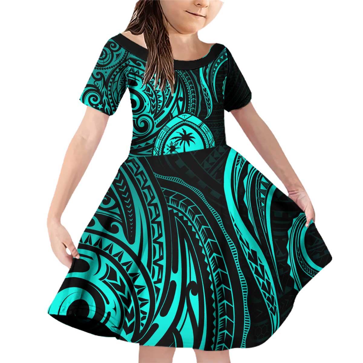 Polynesian Guam Coat of Arms Family Matching Off Shoulder Short Dress and Hawaiian Shirt Polynesian Tribal Tattoo Turquoise Version