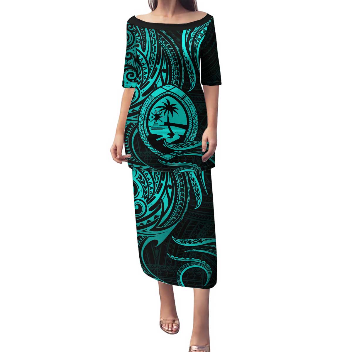Polynesian Guam Coat of Arms Family Matching Puletasi and Hawaiian Shirt Polynesian Tribal Tattoo Turquoise Version LT9 Mom's Dress Turquoise - Polynesian Pride
