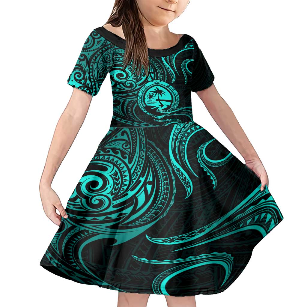 Polynesian Guam Coat of Arms Family Matching Summer Maxi Dress and Hawaiian Shirt Polynesian Tribal Tattoo Turquoise Version LT9 Daughter's Dress Turquoise - Polynesian Pride