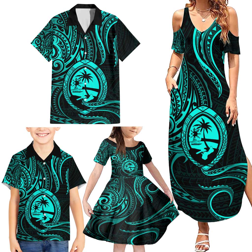 Polynesian Guam Coat of Arms Family Matching Summer Maxi Dress and Hawaiian Shirt Polynesian Tribal Tattoo Turquoise Version LT9 - Polynesian Pride