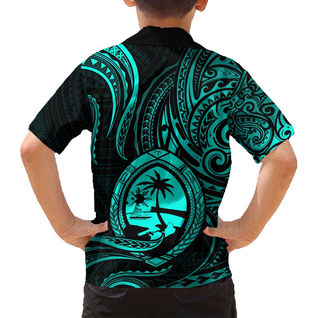 Polynesian Guam Coat of Arms Family Matching Tank Maxi Dress and Hawaiian Shirt Polynesian Tribal Tattoo Turquoise Version LT9 - Polynesian Pride