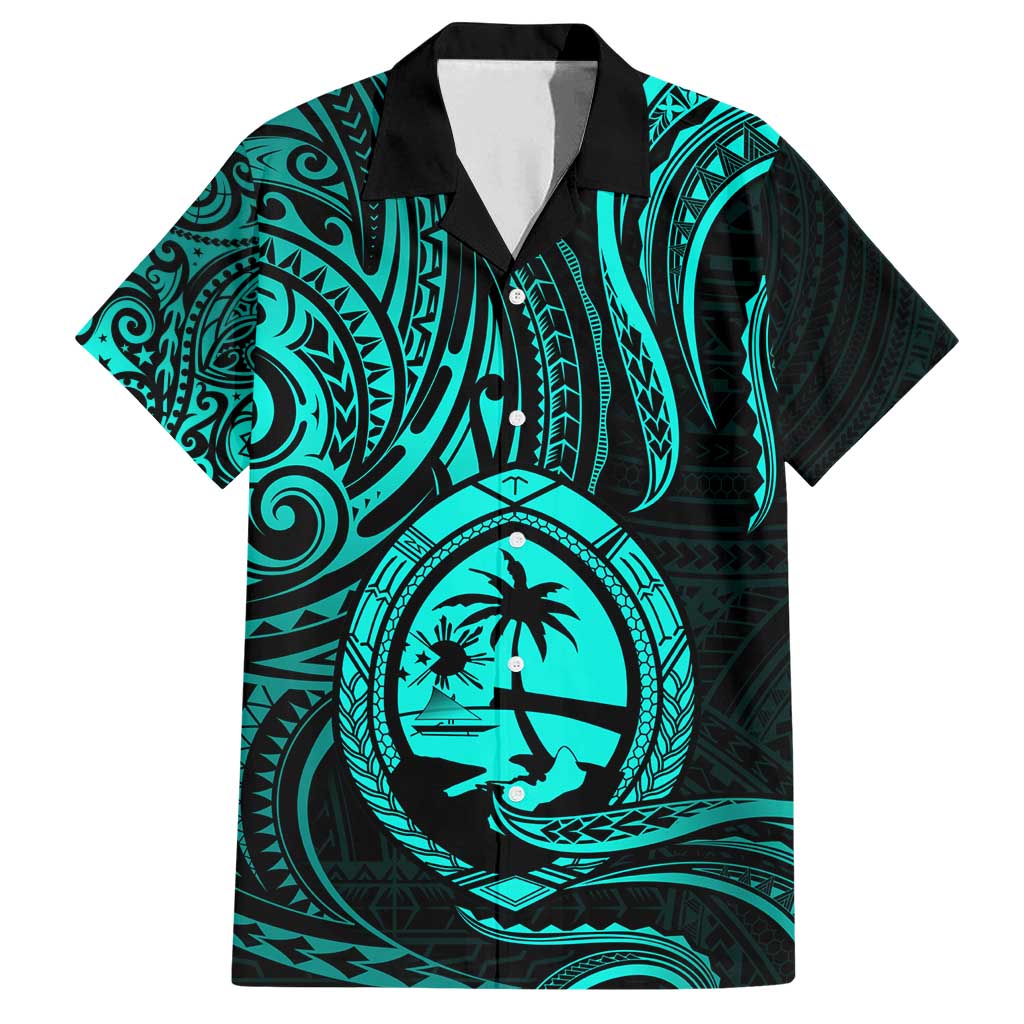 Polynesian Guam Coat of Arms Family Matching Tank Maxi Dress and Hawaiian Shirt Polynesian Tribal Tattoo Turquoise Version LT9 Dad's Shirt - Short Sleeve Turquoise - Polynesian Pride