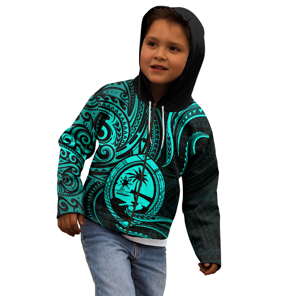 Polynesian Pride Guam Kid Hoodie With Polynesian Tribal Tattoo and Coat of Arms Turquoise Version LT9 - Polynesian Pride