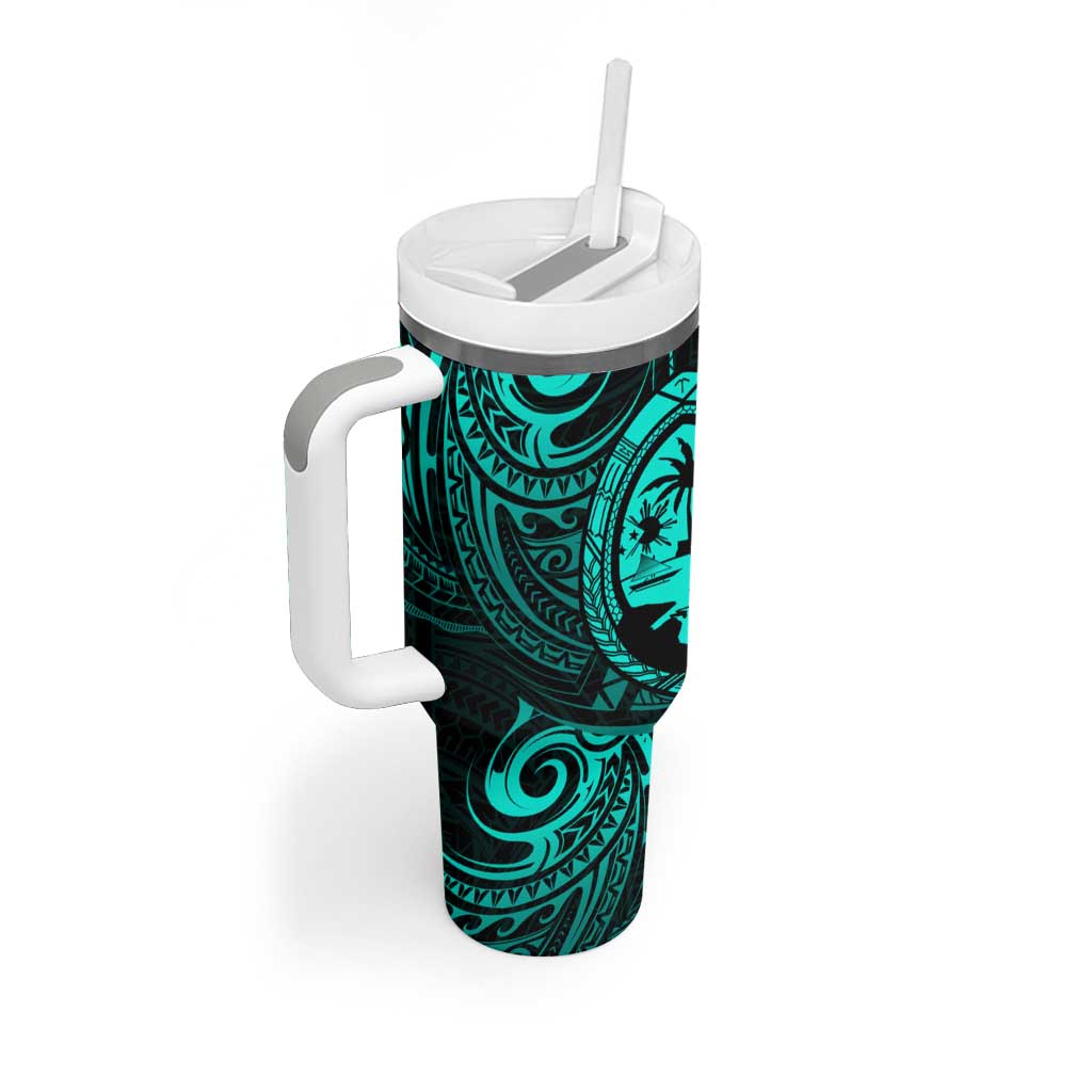 Polynesian Guam Coat of Arms Tumbler With Handle Polynesian Tribal Tattoo Turquoise Version