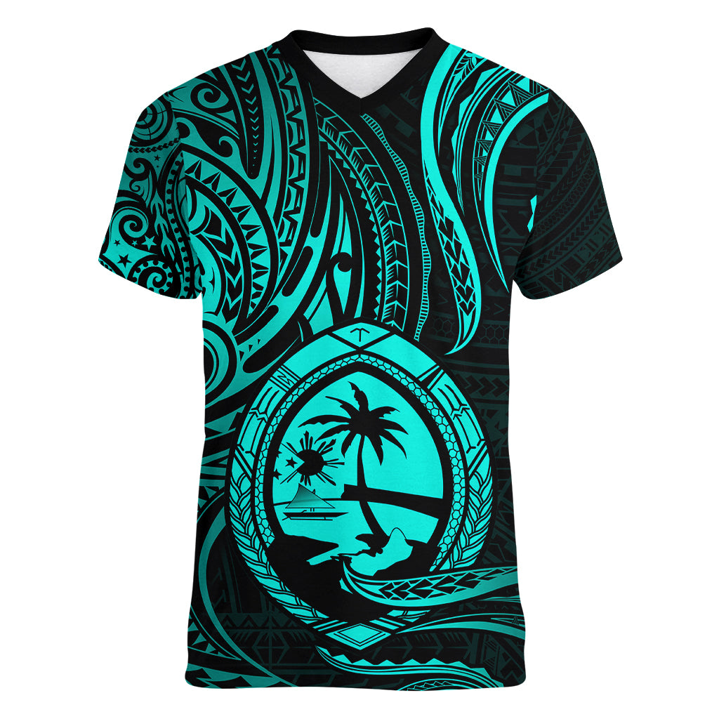 Polynesian Pride Guam Women V Neck T Shirt With Polynesian Tribal Tattoo and Coat of Arms Turquoise Version LT9 - Polynesian Pride