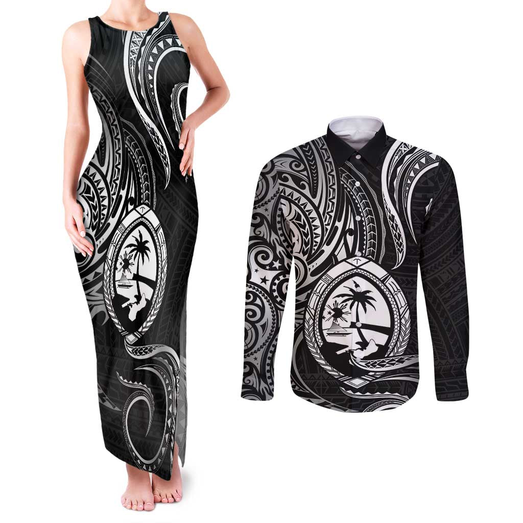 Polynesian Guam Coat of Arms Couples Matching Tank Maxi Dress and Long Sleeve Button Shirt Polynesian Tribal Tattoo Black Version LT9 Black - Polynesian Pride