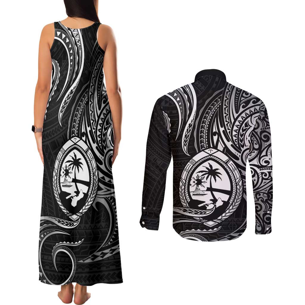 Polynesian Guam Coat of Arms Couples Matching Tank Maxi Dress and Long Sleeve Button Shirt Polynesian Tribal Tattoo Black Version LT9 - Polynesian Pride