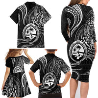 Polynesian Guam Coat of Arms Family Matching Long Sleeve Bodycon Dress and Hawaiian Shirt Polynesian Tribal Tattoo Black Version LT9 - Polynesian Pride