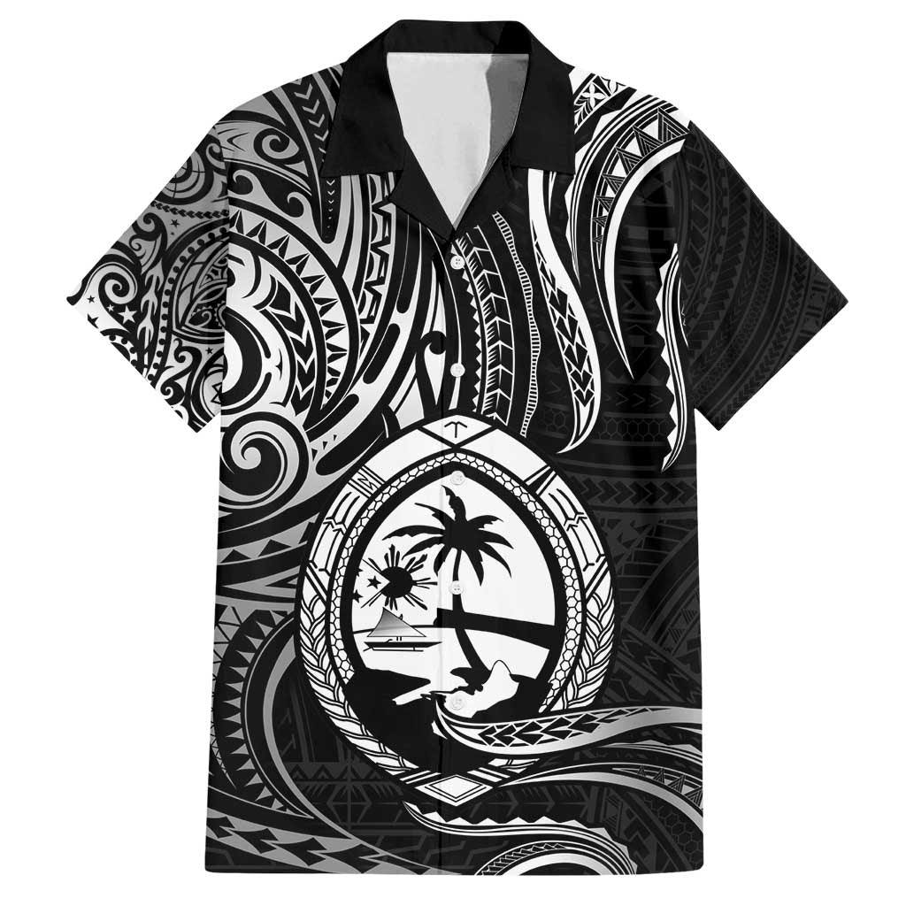 Polynesian Guam Coat of Arms Family Matching Long Sleeve Bodycon Dress and Hawaiian Shirt Polynesian Tribal Tattoo Black Version LT9 Dad's Shirt - Short Sleeve Black - Polynesian Pride