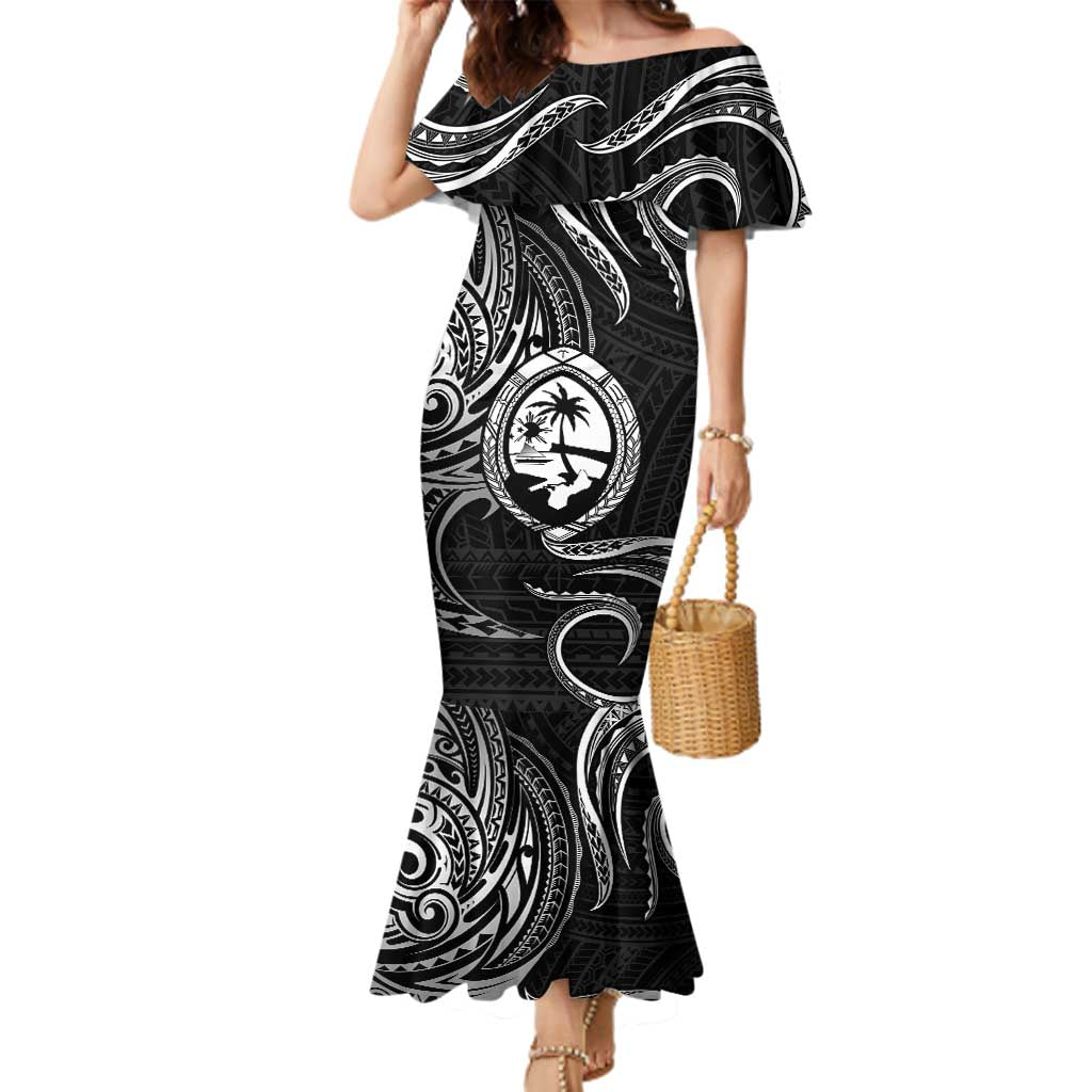 Polynesian Guam Coat of Arms Family Matching Mermaid Dress and Hawaiian Shirt Polynesian Tribal Tattoo Black Version LT9 Mom's Dress Black - Polynesian Pride