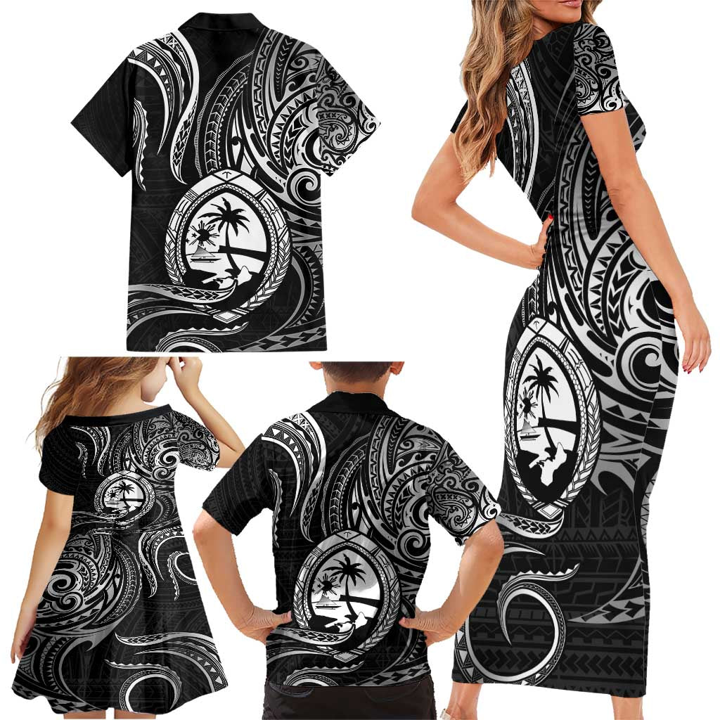 Polynesian Guam Coat of Arms Family Matching Short Sleeve Bodycon Dress and Hawaiian Shirt Polynesian Tribal Tattoo Black Version LT9 - Polynesian Pride