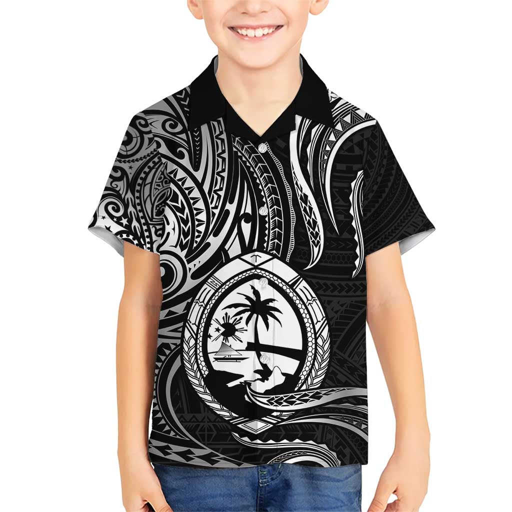 Polynesian Guam Coat of Arms Family Matching Short Sleeve Bodycon Dress and Hawaiian Shirt Polynesian Tribal Tattoo Black Version LT9 Son's Shirt Black - Polynesian Pride