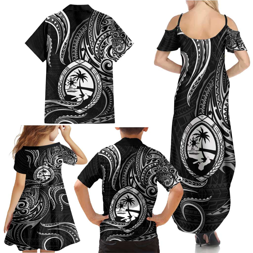 Polynesian Guam Coat of Arms Family Matching Summer Maxi Dress and Hawaiian Shirt Polynesian Tribal Tattoo Black Version