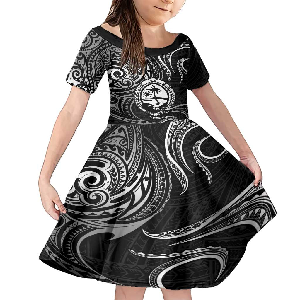 Polynesian Guam Coat of Arms Family Matching Tank Maxi Dress and Hawaiian Shirt Polynesian Tribal Tattoo Black Version LT9 Daughter's Dress Black - Polynesian Pride