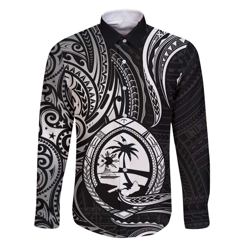 Polynesian Guam Coat of Arms Family Matching Tank Maxi Dress and Hawaiian Shirt Polynesian Tribal Tattoo Black Version LT9 Dad's Shirt - Long Sleeve Black - Polynesian Pride