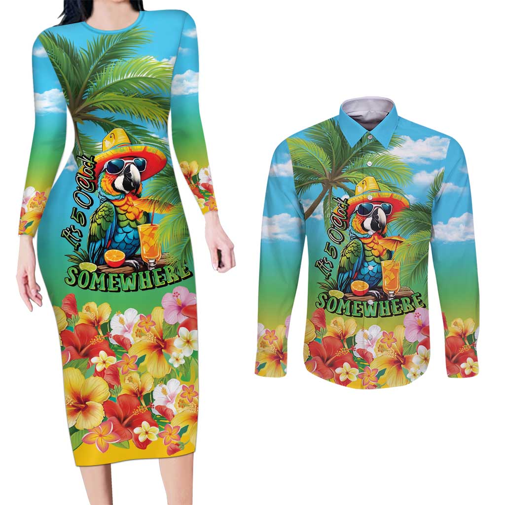 Always 5 O'clock Couples Matching Long Sleeve Bodycon Dress and Long Sleeve Button Shirt Hawaiian Tropical Parrot - Polynesian Pride