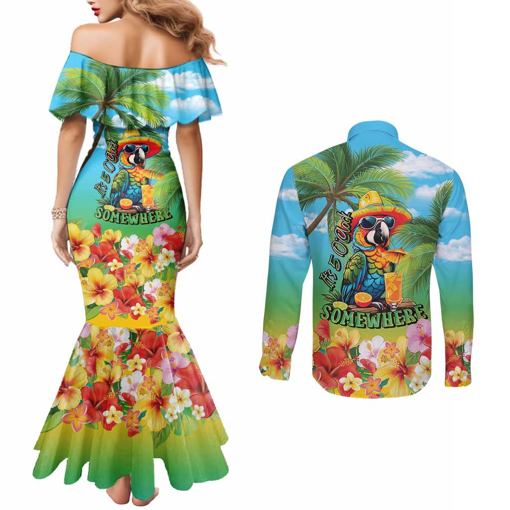 Always 5 O'clock Couples Matching Mermaid Dress and Long Sleeve Button Shirt Hawaiian Tropical Parrot - Polynesian Pride