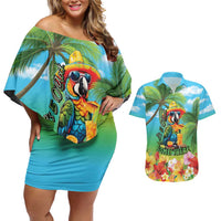 Always 5 O'clock Couples Matching Off Shoulder Short Dress and Hawaiian Shirt Hawaiian Tropical Parrot - Polynesian Pride